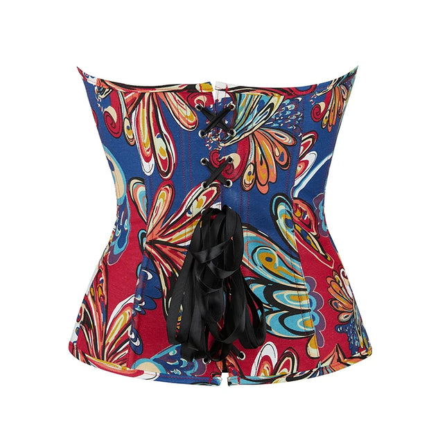 12-fish boned ladies gothic corset sexy lingerie colorful print corset top with laces