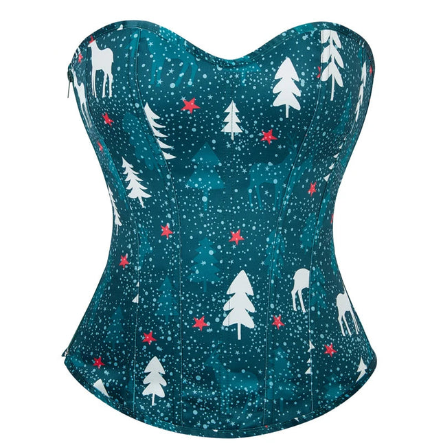 Ladies Satin Christmas Santa Claus Bells Print Dancewear Corset Top