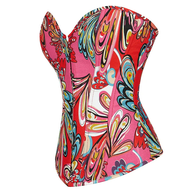 6 brooches closure red green vintage corset bustier butterfly print overbust corset top