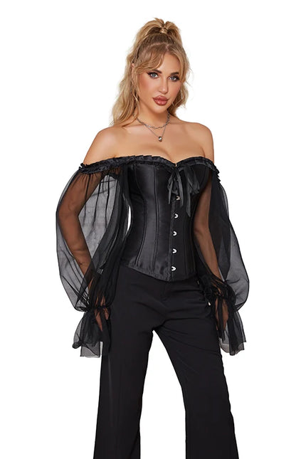 Sheer Long Sleeve Overbust Corset Gothic Corsage Off Shoulder Corselet Satin Black Corset Plus Size Bustier Top