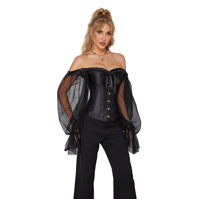 Sheer Long Sleeve Overbust Corset Gothic Corsage Off Shoulder Corselet Satin Black Corset Plus Size Bustier Top