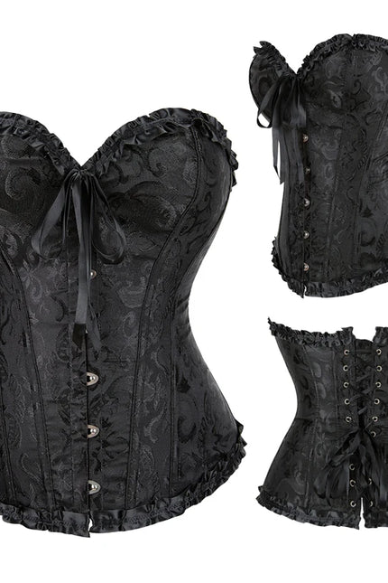 Jacquard Overbust Corset Floral Waist Bustier Top Basques Lace Up Corselet Body Shaper Corset
