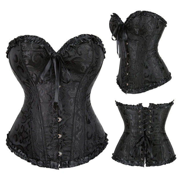 Jacquard Overbust Corset Floral Waist Bustier Top Basques Lace Up Corselet Body Shaper Corset