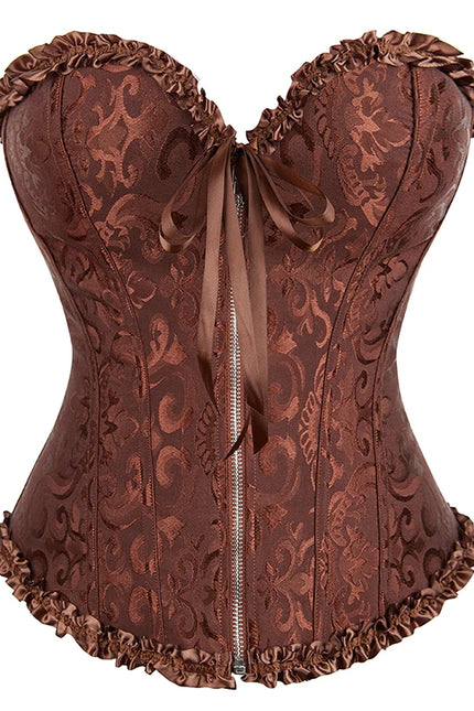 Overbust Corset Zipper Waist Bustier Top Black White Brown Pink Beige Red Blue Elegant Basques Corset