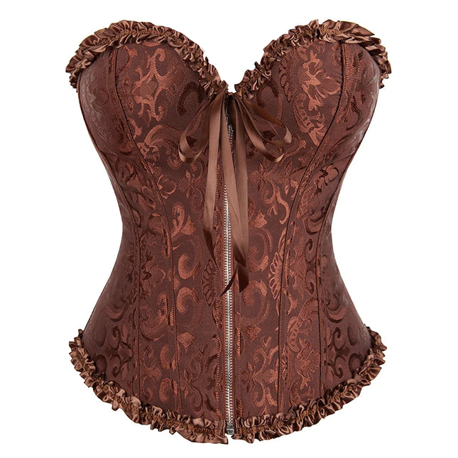 Overbust Corset Zipper Waist Bustier Top Black White Brown Pink Beige Red Blue Elegant Basques Corset