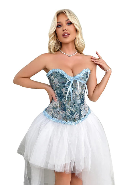 Ladies floral print lingerie bustier 6-brooch closure blue lace trimmer corset top with boning