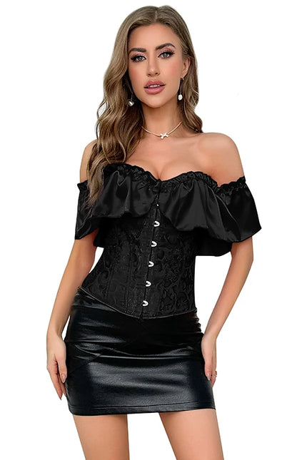 Women Overbust Corselet Going Out Wear Off Shoulder Black Victorian Corset Top With Lantern Sleeve