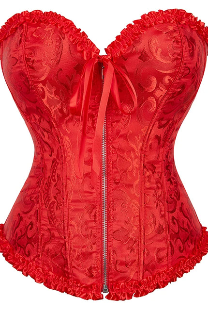 Overbust Corset Zipper Waist Bustier Top Black White Brown Pink Beige Red Blue Elegant Basques Corset