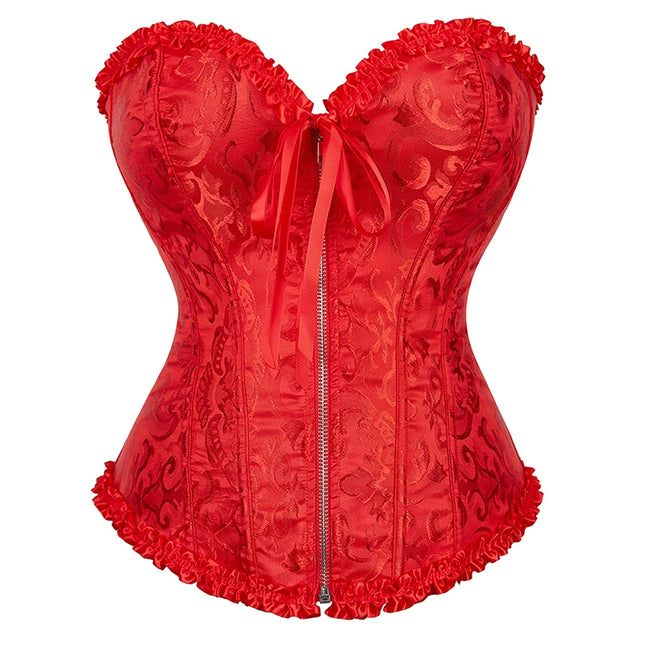 Overbust Corset Zipper Waist Bustier Top Black White Brown Pink Beige Red Blue Elegant Basques Corset