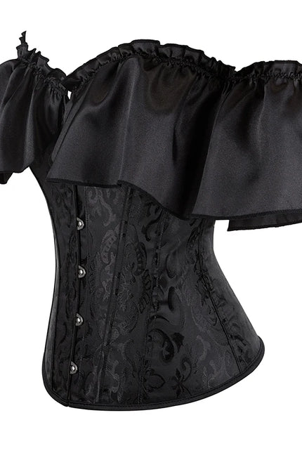 Women Overbust Corselet Going Out Wear Off Shoulder Black Victorian Corset Top With Lantern Sleeve