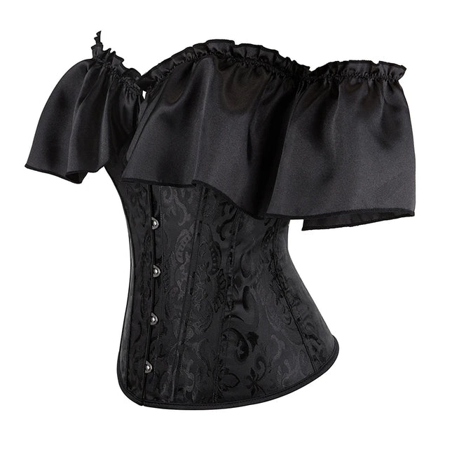 Women Overbust Corselet Going Out Wear Off Shoulder Black Victorian Corset Top With Lantern Sleeve