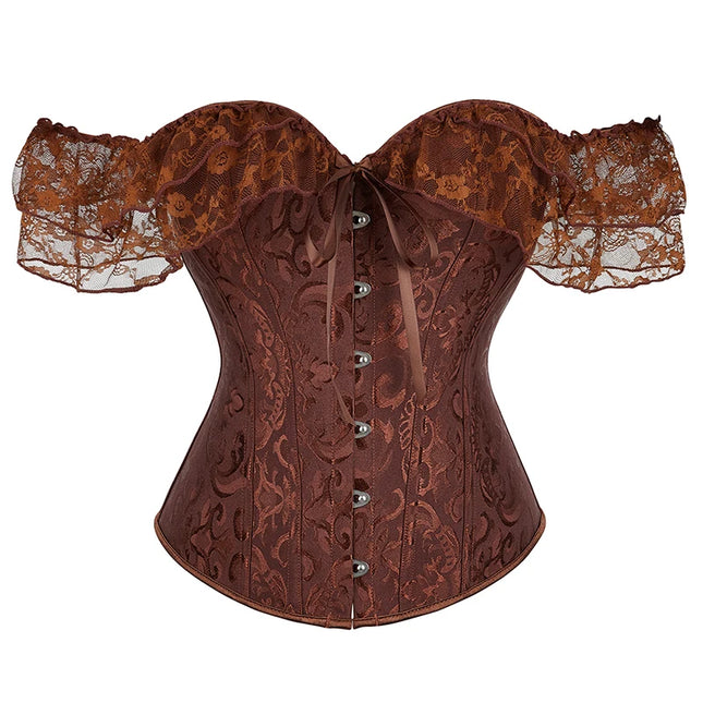 Womens Bustier Corset Lace Up short sleeve sheer corset blouse costume crop top lingerie waist cincher