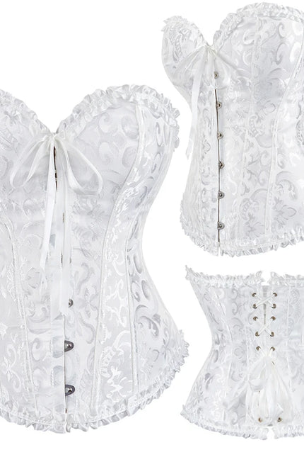 Jacquard Overbust Corset Floral Waist Bustier Top Basques Lace Up Corselet Body Shaper Corset
