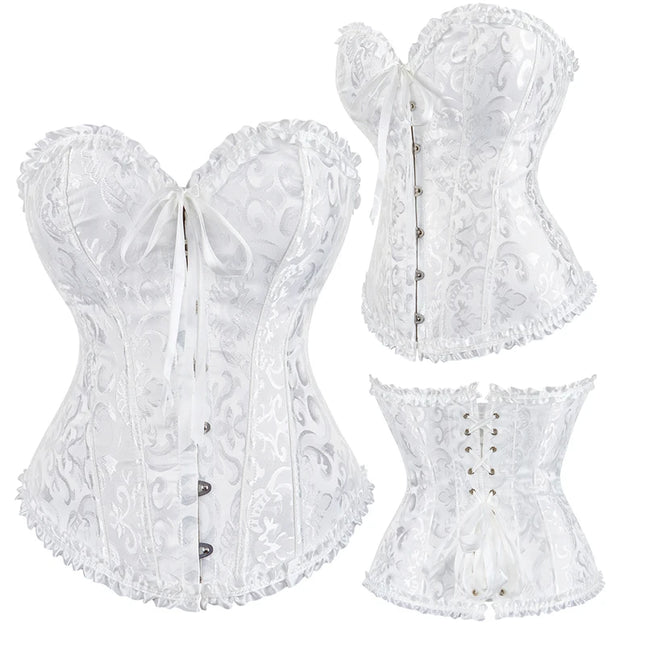 Jacquard Overbust Corset Floral Waist Bustier Top Basques Lace Up Corselet Body Shaper Corset