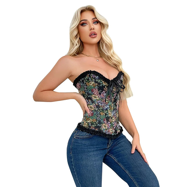 Ladies floral lace vintage corset black bodice rose print renaissance strapless woven corset