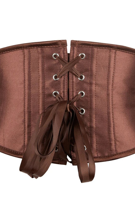 3 Busks Short Style Underbust Corset Satin Brown Wide Straps Waistband Waist Trainer