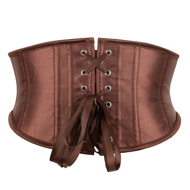 3 Busks Short Style Underbust Corset Satin Brown Wide Straps Waistband Waist Trainer