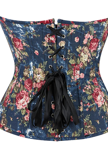 Floral Embroidered Corsette 14 Bone Support Lace Bandage Bustier Corset Top with 6 Brooches