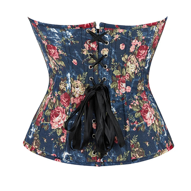 Floral Embroidered Corsette 14 Bone Support Lace Bandage Bustier Corset Top with 6 Brooches