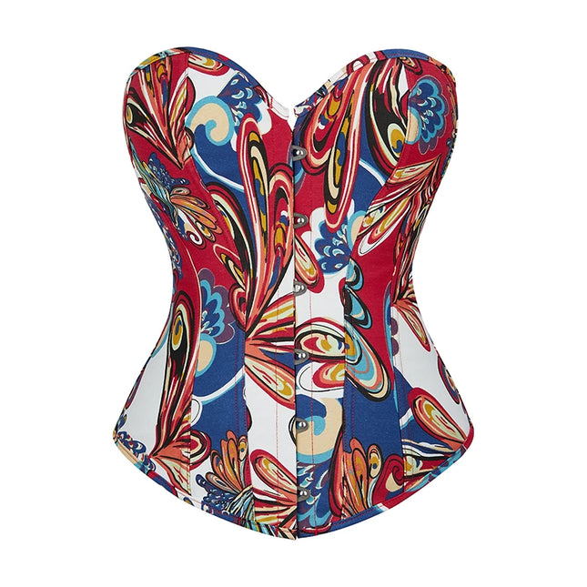6 brooches closure red green vintage corset bustier butterfly print overbust corset top