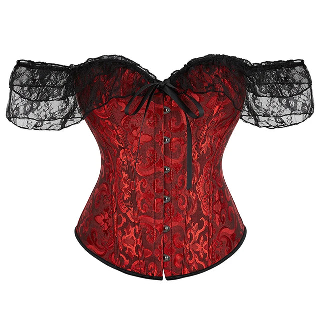 Womens Bustier Corset Lace Up short sleeve sheer corset blouse costume crop top lingerie waist cincher