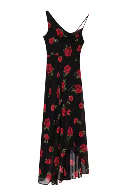Black Red Color Floral Print Dress