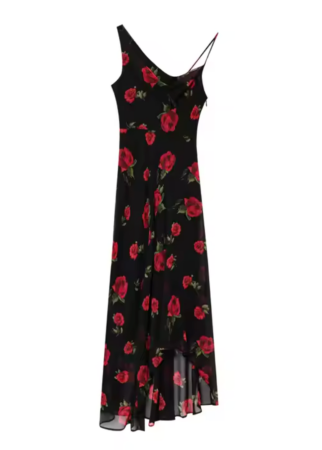 Black Red Color Floral Print Dress