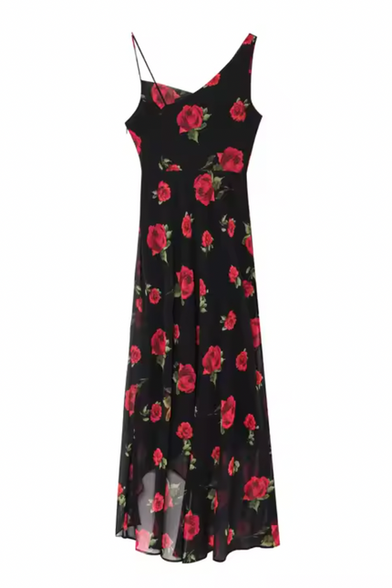 Black Red Color Floral Print Dress