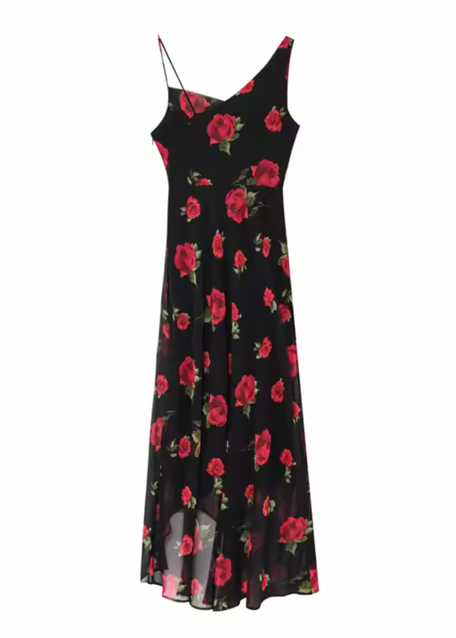 Black Red Color Floral Print Dress