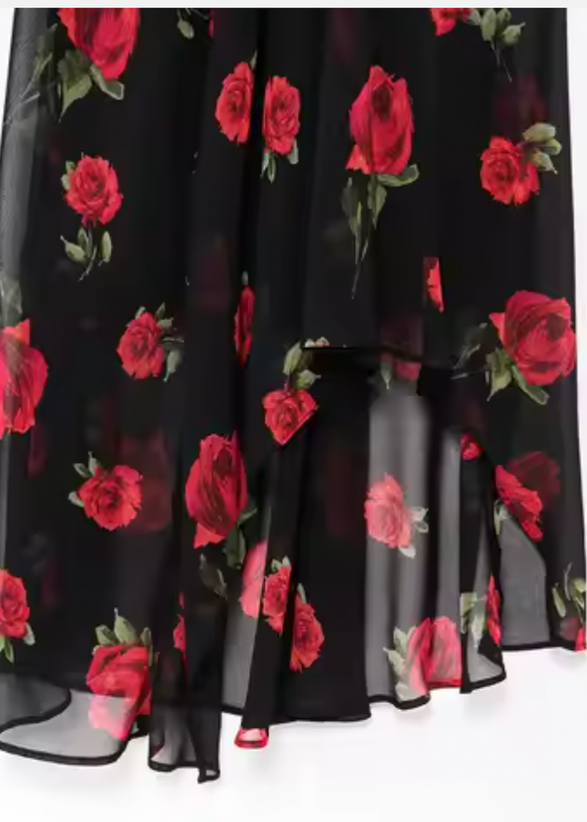 Black Red Color Floral Print Dress
