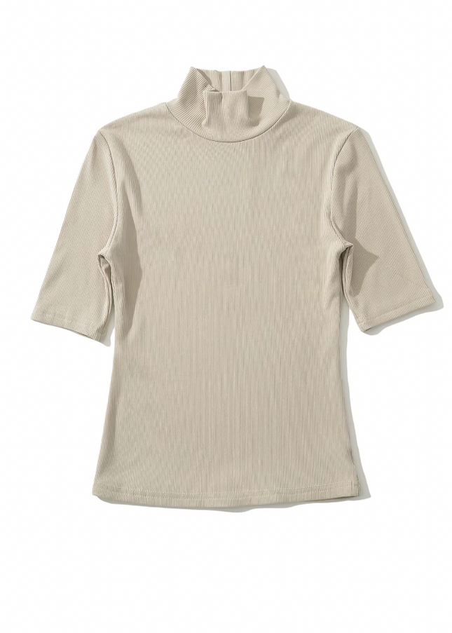 Stand Collar Short Sleeve Solid Knitted Casual Top