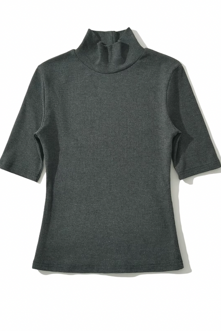 Stand Collar Short Sleeve Solid Knitted Casual Top
