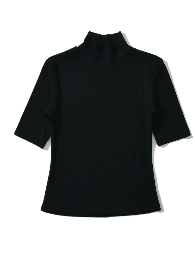 Stand Collar Short Sleeve Solid Knitted Casual Top