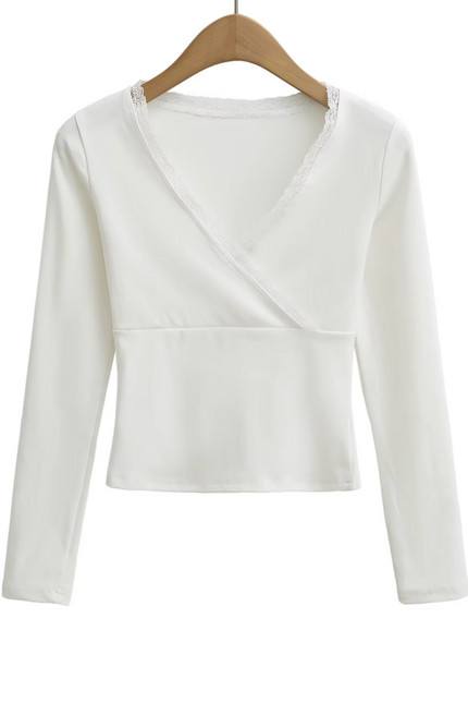 V Neck Long Sleeve Lace Casual Tshirt