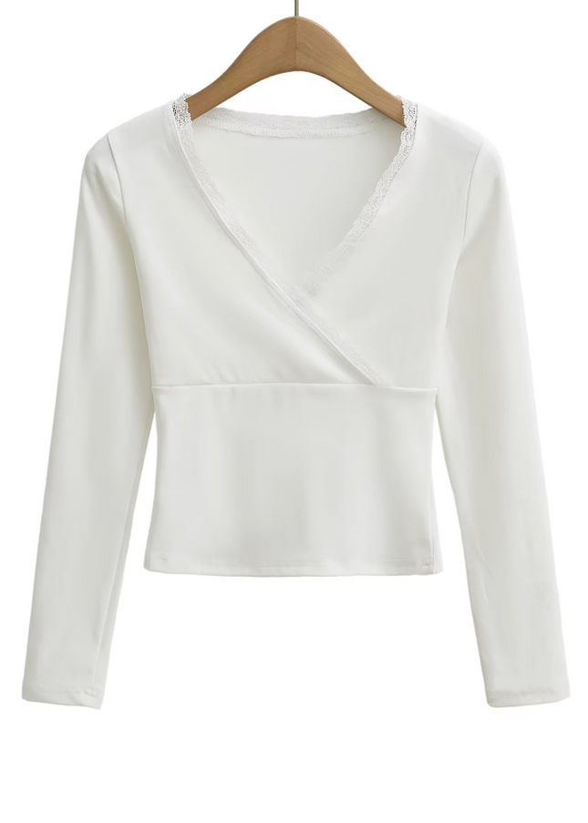 V Neck Long Sleeve Lace Casual Tshirt