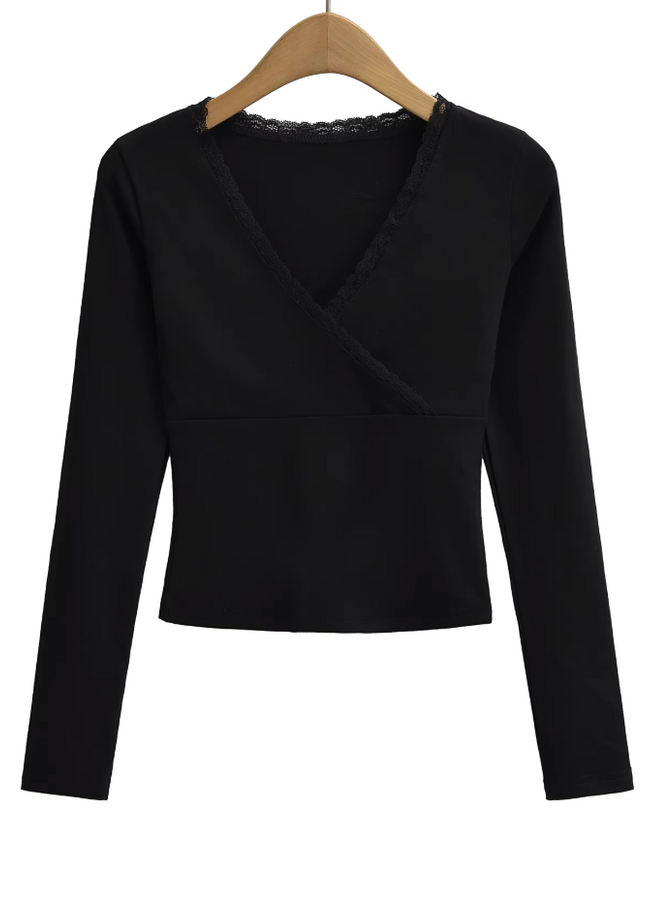 V Neck Long Sleeve Lace Casual Tshirt