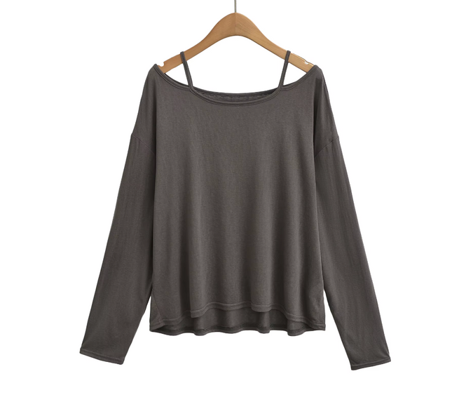 Long Sleeve Solid Shoulder Strap T Shirt
