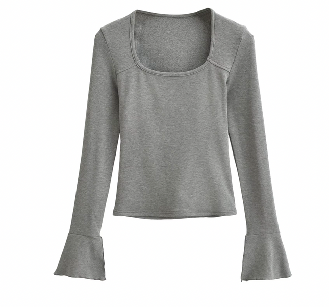 Square Collar Solid Color Long Flare Sleeve T-Shirt