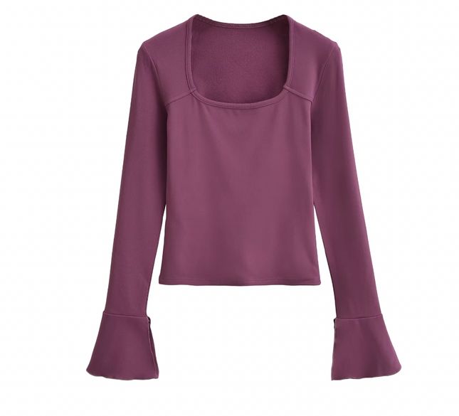 Square Collar Solid Color Long Flare Sleeve T-Shirt