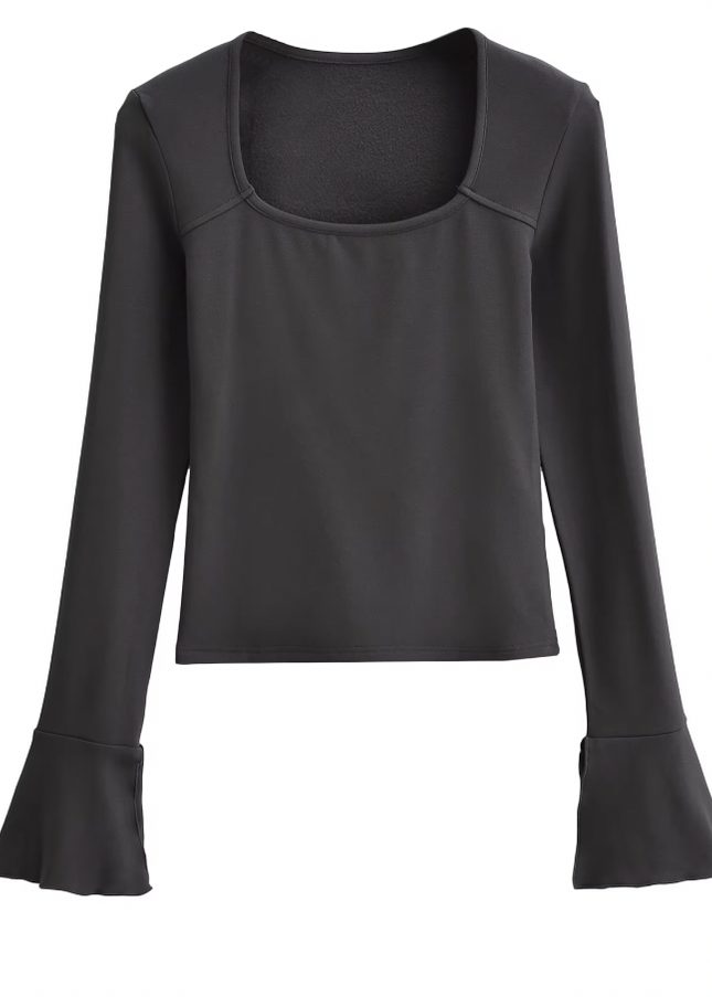 Square Collar Solid Color Long Flare Sleeve T-Shirt