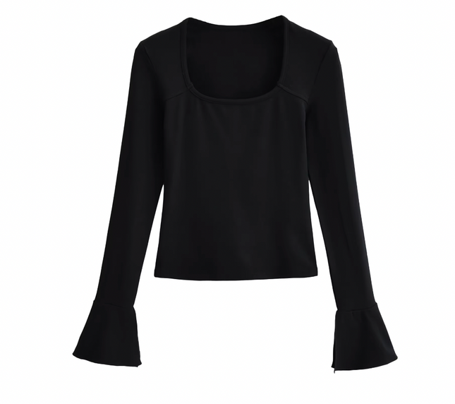 Square Collar Solid Color Long Flare Sleeve T-Shirt