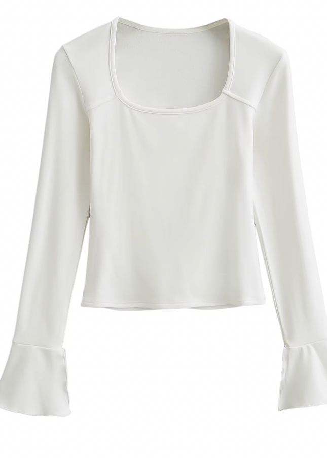 Square Collar Solid Color Long Flare Sleeve T-Shirt