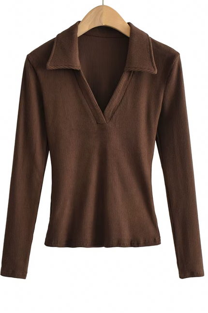 Long Sleeve Turn Down Collar  Knitted t Shirt