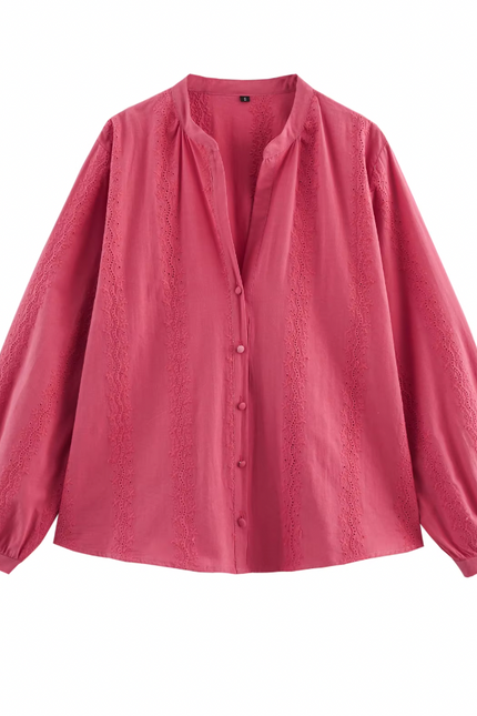 Embroidery Long Sleeve v Neck Buttons up Shirt
