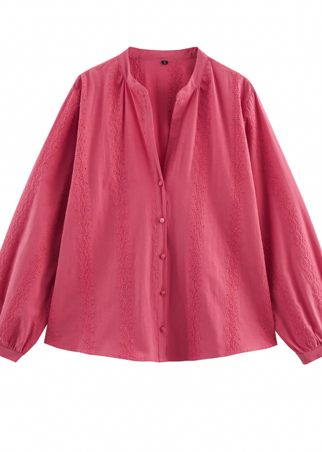 Embroidery Long Sleeve v Neck Buttons up Shirt