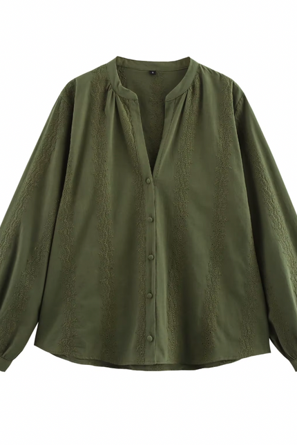Embroidery Long Sleeve v Neck Buttons up Shirt
