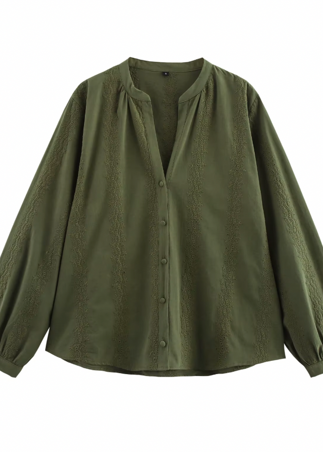 Embroidery Long Sleeve v Neck Buttons up Shirt
