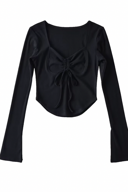 Square Collar Front Lace up Long Sleeve T-Shirt