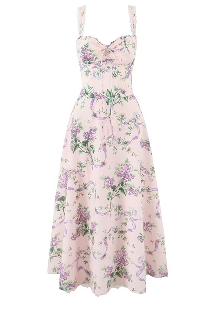Floral Print Front Lace up Long Dress