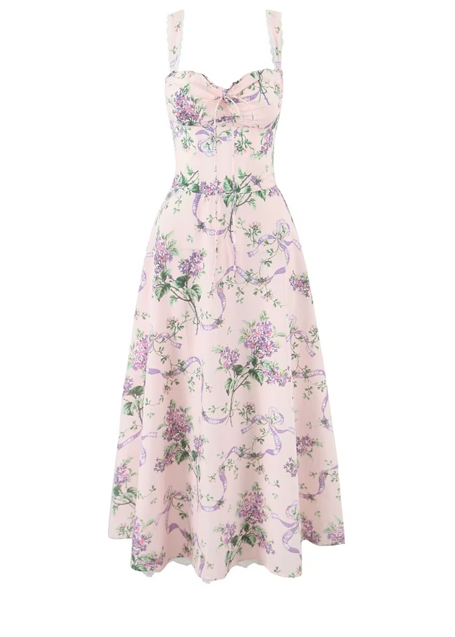 Floral Print Front Lace up Long Dress